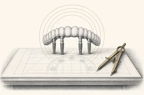 Etched illustration of a full-arch dental prosthesis on four implant posts above a blueprint drawing