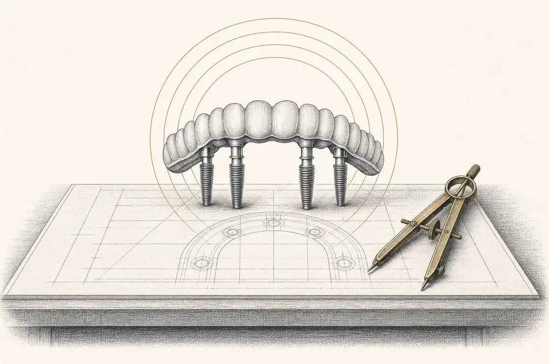 Etched illustration of a full-arch dental prosthesis on four implant posts above a blueprint drawing