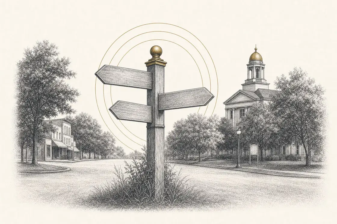 Etched illustration of a small-town signpost at a crossroads with a domed courthouse in the distance
