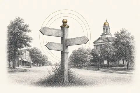 Etched illustration of a small-town signpost at a crossroads with a domed courthouse in the distance