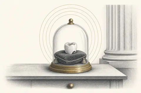 Etched illustration of a ceramic dental crown resting on a velvet cushion under a glass display dome