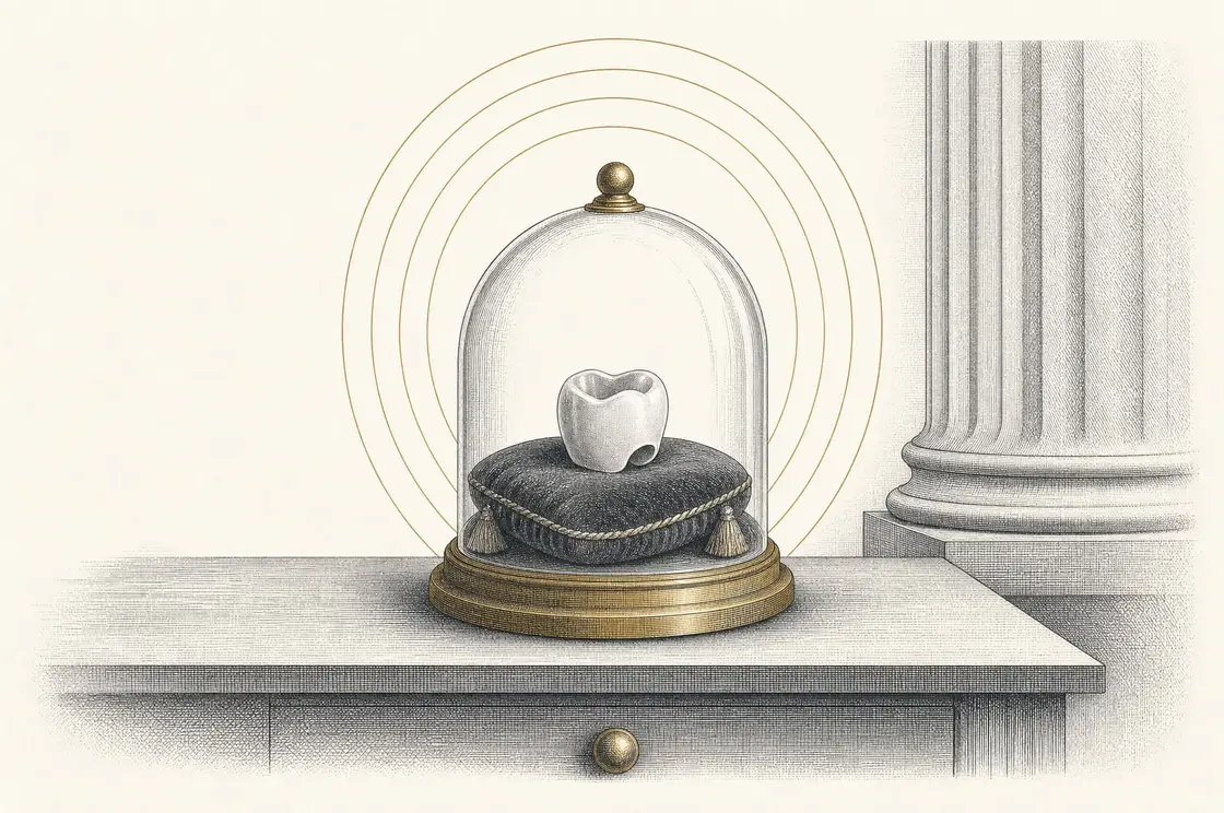 Etched illustration of a ceramic dental crown resting on a velvet cushion under a glass display dome