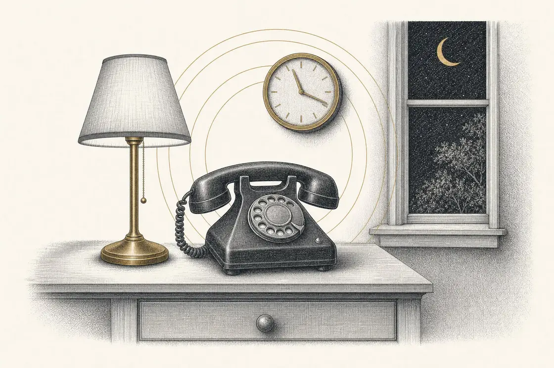Etched illustration of a rotary telephone under lamplight with a wall clock and night sky through the window