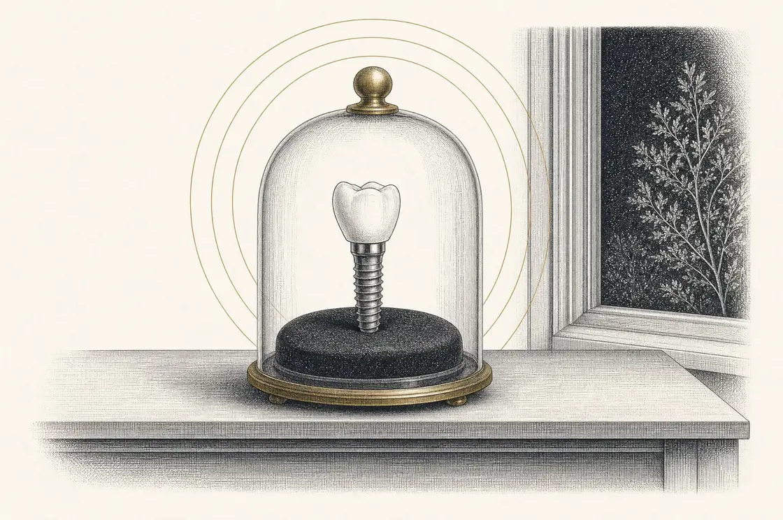 Etched illustration of a dental implant and crown displayed under a glass dome on a brass stand