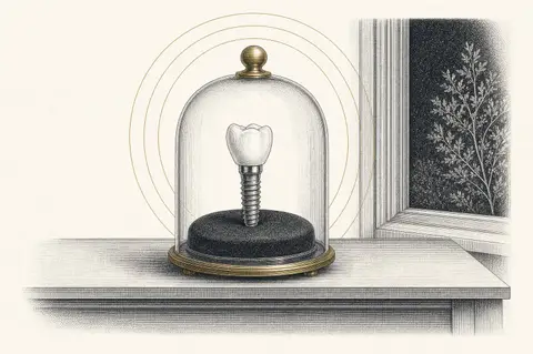 Etched illustration of a dental implant and crown displayed under a glass dome on a brass stand