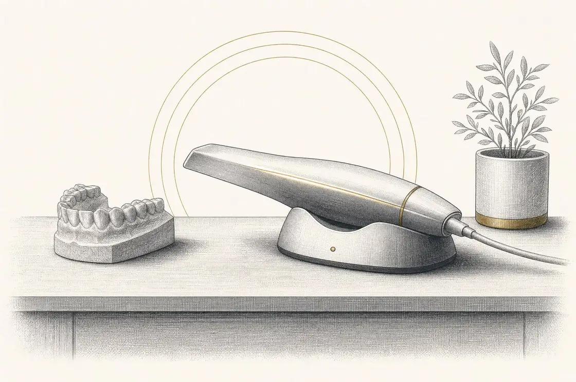 Etched illustration of a digital intraoral scanner wand on its cradle beside a dental arch model