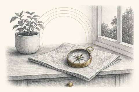 Etched illustration of a brass compass resting on a folded county road map beside a potted plant