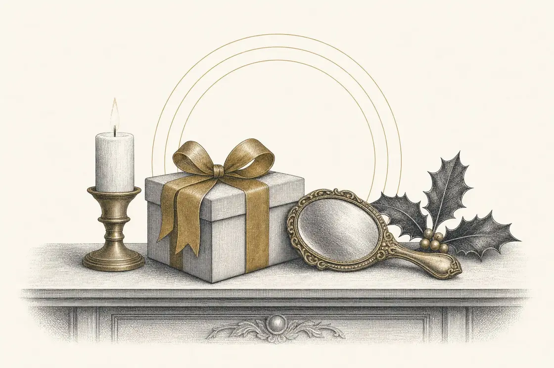 Etched illustration of a gift box with a gold ribbon, hand mirror, candle, and holly on a mantel