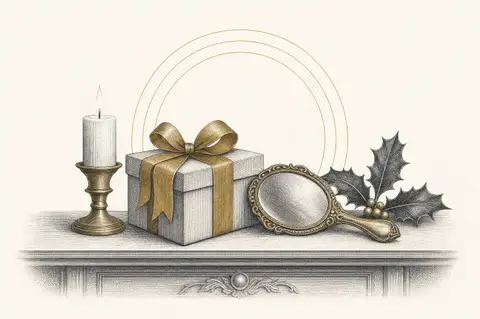 Etched illustration of a gift box with a gold ribbon, hand mirror, candle, and holly on a mantel