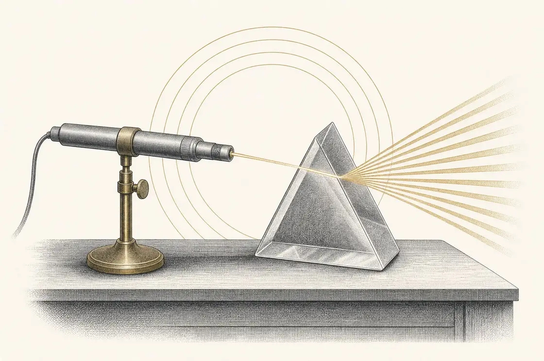 Etched illustration of a precision laser instrument casting a fine gold beam through a glass prism