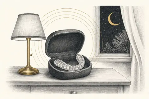 Etched illustration of a custom night guard in its open case on a bedside table beneath a crescent moon