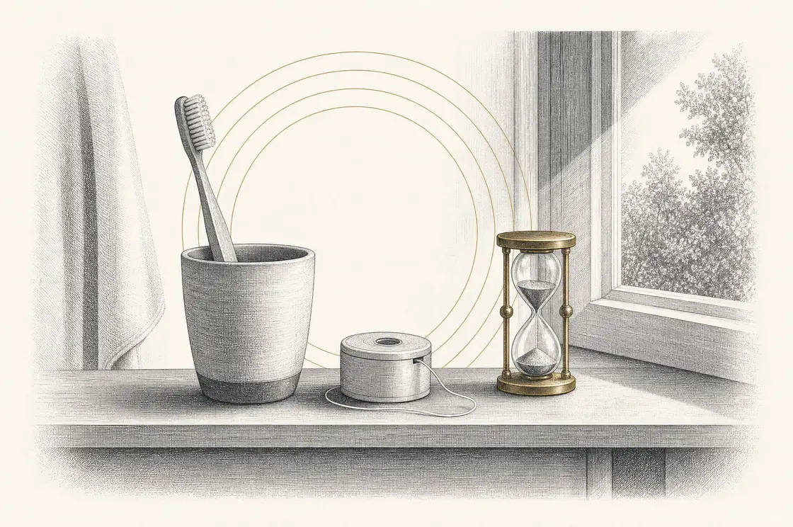 Etched illustration of a toothbrush in a ceramic cup, a spool of floss, and a brass hourglass on a windowsill