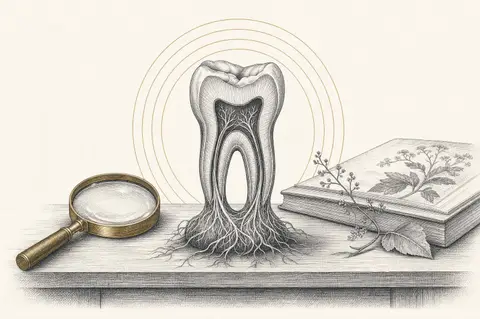 Etched botanical-style illustration of a tooth in cross-section beside a magnifying glass and pressed-flower book