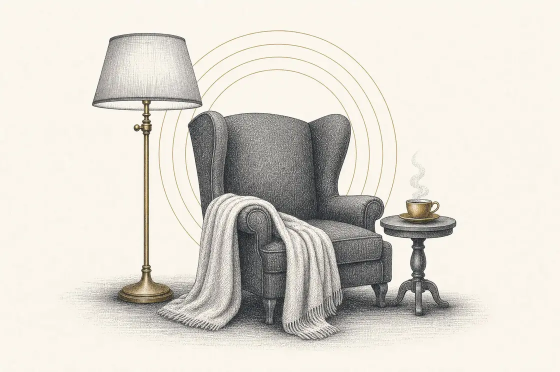 Etched illustration of a cozy wingback armchair with a folded blanket, floor lamp, and steaming cup of tea