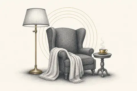 Etched illustration of a cozy wingback armchair with a folded blanket, floor lamp, and steaming cup of tea