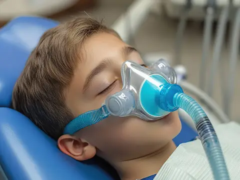 A young patient resting comfortably in the dental chair with a nitrous oxide mask over the nose