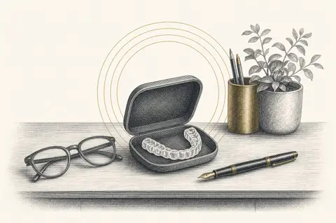 Etched illustration of a clear aligner tray in its open case on a desk beside reading glasses and a fountain pen