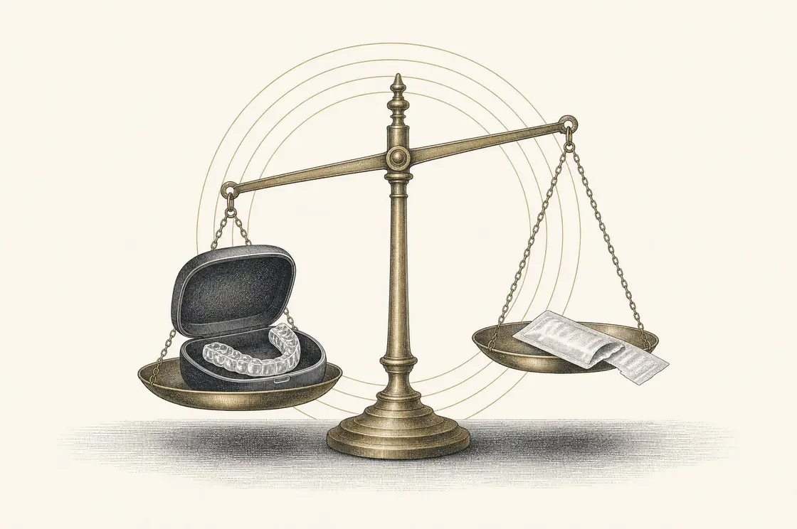 Etched illustration of a balance scale weighing a custom whitening tray against a store-bought strip packet