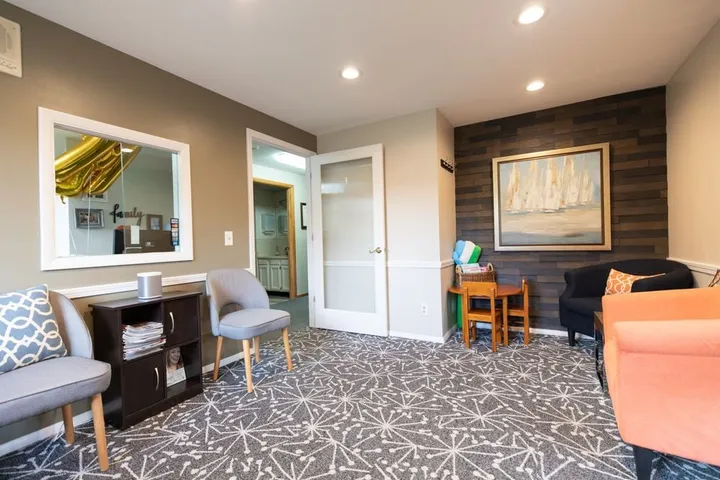 The family-friendly waiting room at Noblesville Dental Associates with a corner for kids